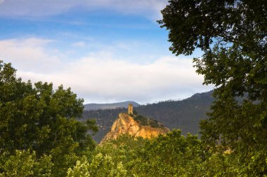 doğa ile çevrili bir kayaya izole Ortaçağ Kulesi