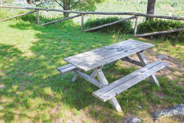 Piknik asztal egy Tuscany fenyőerdőben (Olaszország) — Stock Fotó