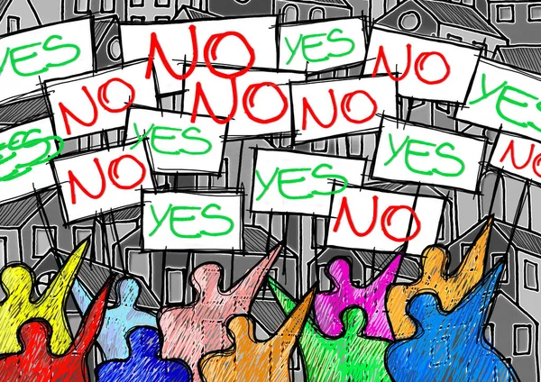 Group People Protesting Writing Yes Billboards Concept Illustration — Stock Photo, Image