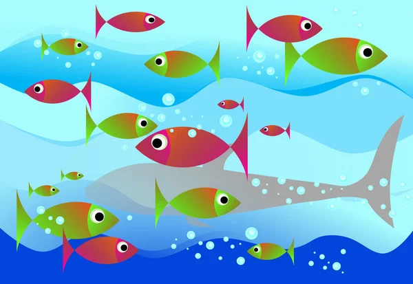 Friedliche Gruppe von Fischen schwimmen im Meer mit einem gefährlichen — Stockfoto