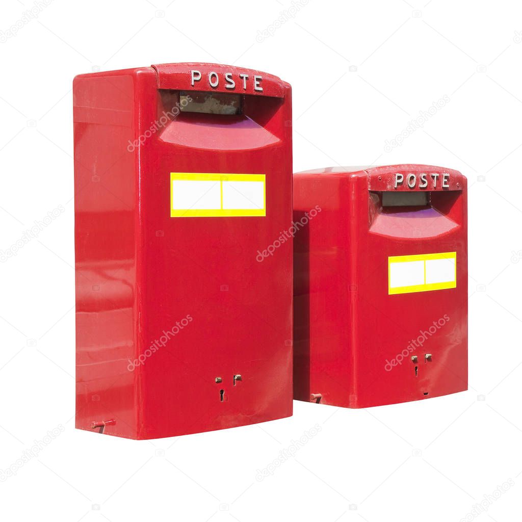 Old italian public red mailbox on white background for easy sele