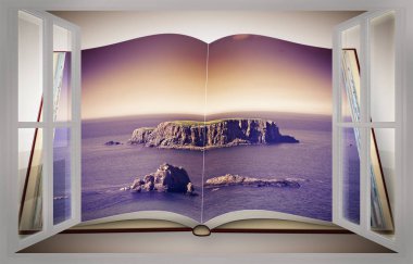 İçinde küçük bir kayalık ada bulunan 3D bir fotoğraf kitabının canlandırması
