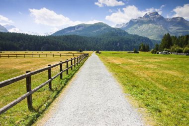 Landscape around Sils Lake on upper Engadine Valley with footpath and wooden palisade (Switzerland - Europe) clipart