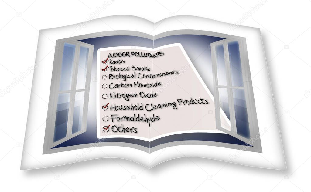 Check list of indoor air pollutants seen through an open window - 3D render concept image of an opened photo book isolated on white - I'm the copyright owner of the images used in this 3D render 