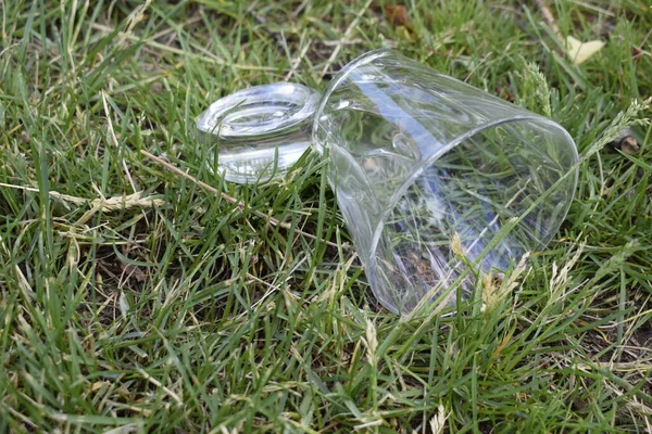 Bahçedeki Yeşil Çimlerin Üzerinde Kırık Cam Bardak Bardağın Kalın Tabanı — Stok fotoğraf