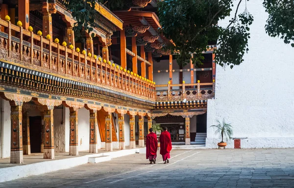 Két Buddhista Szerzetes Hagyományos Vörös Ruhájában Sétál Punakha Dzong Kolostor — Stock Fotó