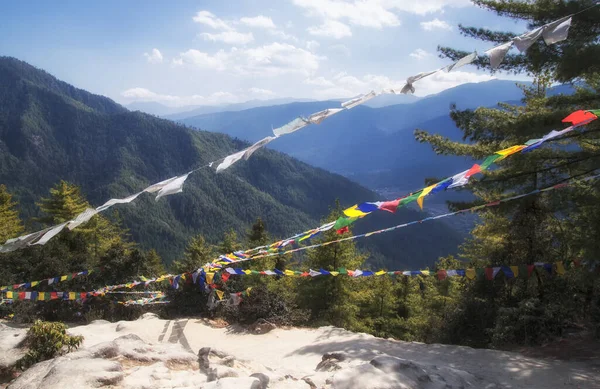 Prière Traditionnelle Drapeaux Bouddhistes Tibétains Lung Sur Chemin Taktshang Goemba — Photo