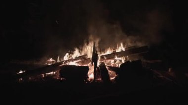 Şenlik ateşi geceleri ağaçları yakıyor. Şenlik ateşi parlak, ısı, ışık, kamp ateşi, büyük şenlik ateşi, kamp ateşi, yakacak odun ateşi.