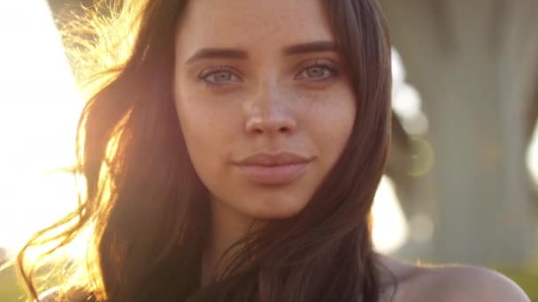 Retrato de una mujer atractiva con una rejilla de scnanning en su cara. Identificación facial, seguridad, concepto de reconocimiento facial. — Vídeos de Stock