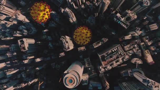 AERIAL. Animación 3D de coronavirus en la ciudad. Cuarentena en Hong Kong. Concepto de zona de peligro — Vídeos de Stock