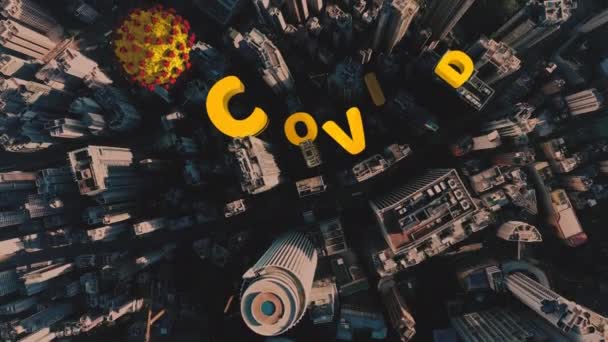 AERIAL. Animación 3D de coronavirus en la ciudad. Cuarentena en Hong Kong. Concepto de zona de peligro — Vídeos de Stock