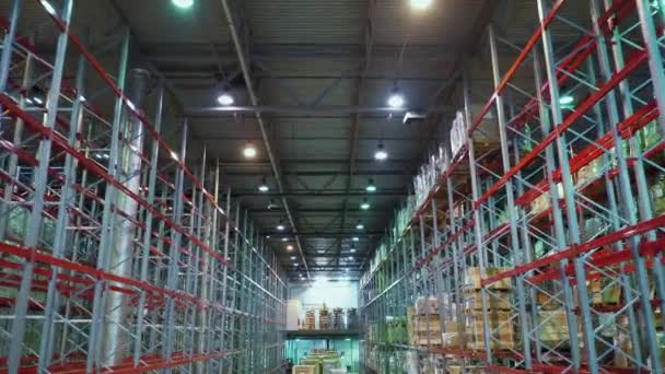 Luchtfoto van een gigantisch magazijn met planken voor de opslag van internationale pakketten — Stockvideo