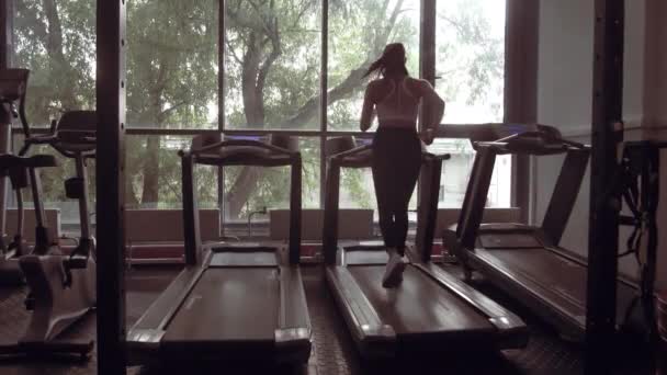 Una mujer corriendo en una cinta en una ventana panorámica. Concepto de estilo de vida saludable . — Vídeos de Stock