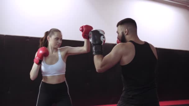 Young adult woman doing kickboxing training with her coach. — Stock Video