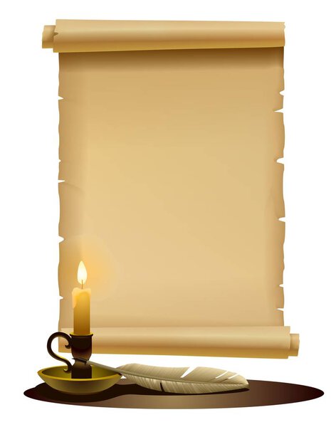 A candle and a pen with old papyrus paper