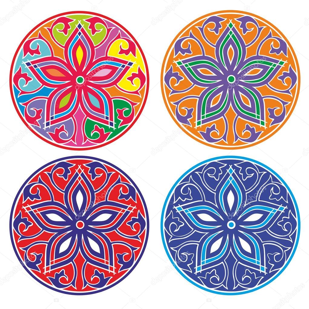 Circle kazakh ornament in different colors