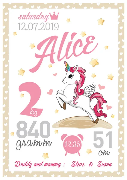 Cartoon Template Van Baby Geboorteakte Voor Alice Met Vliegende Eenhoorn — Stockvector