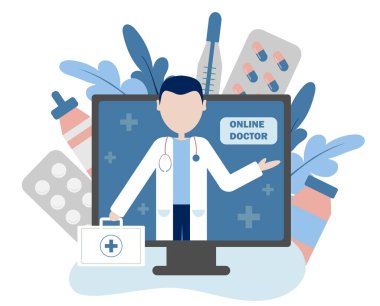  Sanal doktor uygulaması düz vektör çizimi. Gezici danışmanlık, akıllı tıbbi yardım.