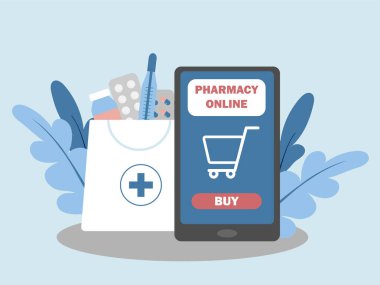  İnternetteki eczane. Düz vektör çizimi. Akıllı telefon ve ilaçlı kese kağıdı. İnternetten ilaç al..