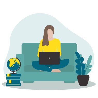  Evdeki kanepede çalışan bir kız. Mesafeli iş. Kendine dikkat et. Düz vektör illüstrasyonu.