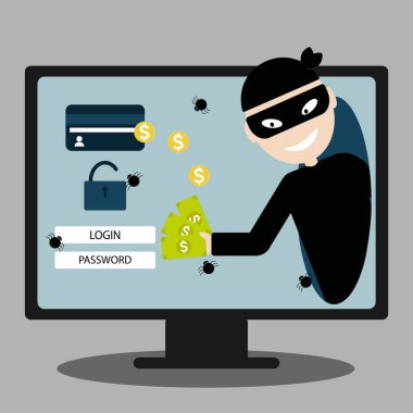 Bir hacker para, gizli veriler, kişisel bilgiler ve bir dizüstü bilgisayardan kredi kartı çalar. İnternet görüntüleme kavramı.