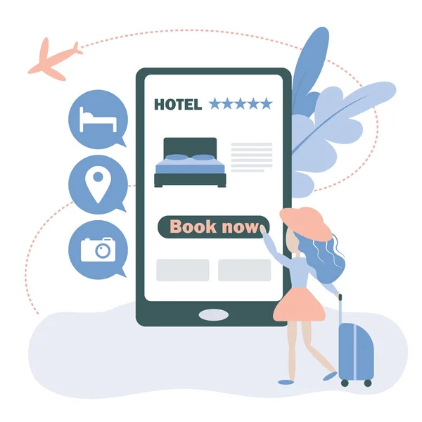 Otel araması ve online rezervasyon için tasarım konsepti. El bilgisayarı akıllı telefon. Vektör çizimi. İnternette kadın kitabı oteli.