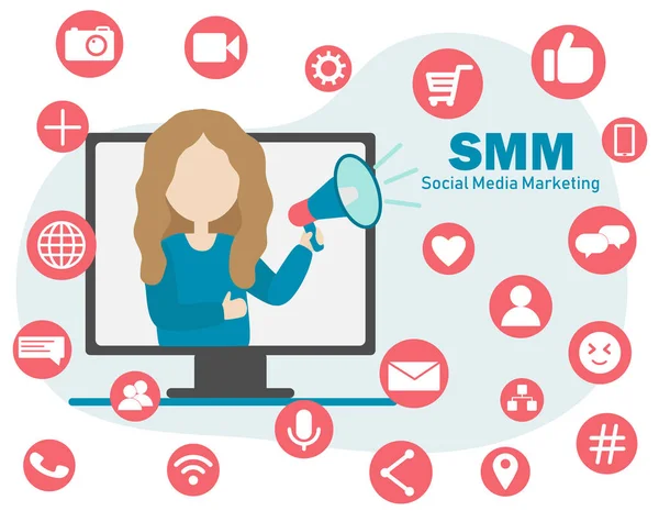  SMM stratejisi. Web afişi, bilgi grafikleri, cep telefonu için vektör illüstrasyonu. Genç kız SMM uzmanı.