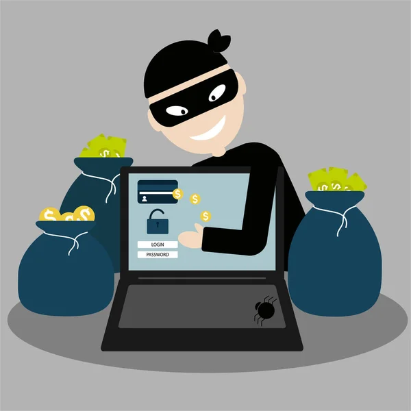 Bir hacker para, gizli veriler, kişisel bilgiler ve bir dizüstü bilgisayardan kredi kartı çalar. İnternet görüntüleme kavramı.