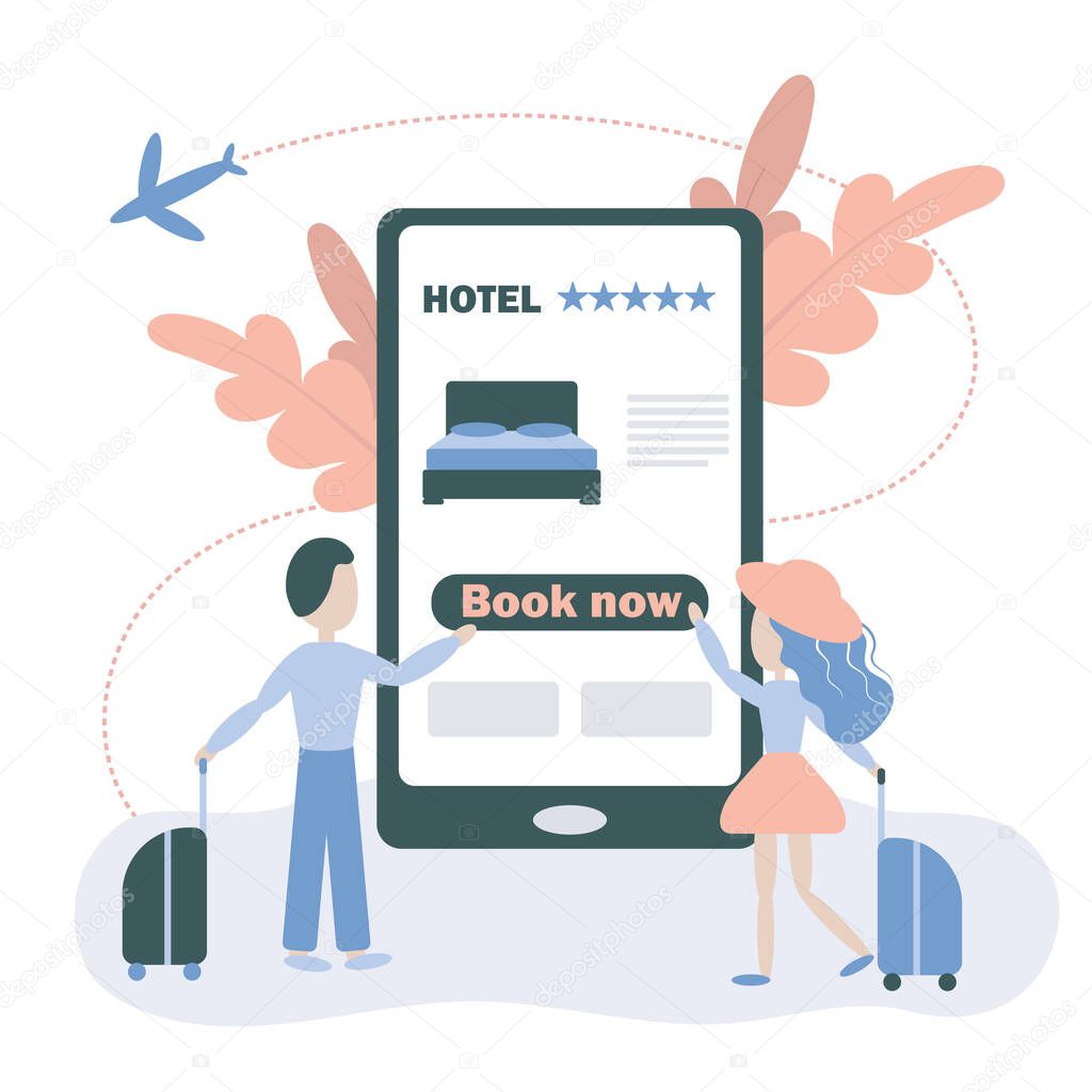  Design concept for hotel search and online booking. Handheld smartphone. Vector illustration. Woman and man book hotel online.