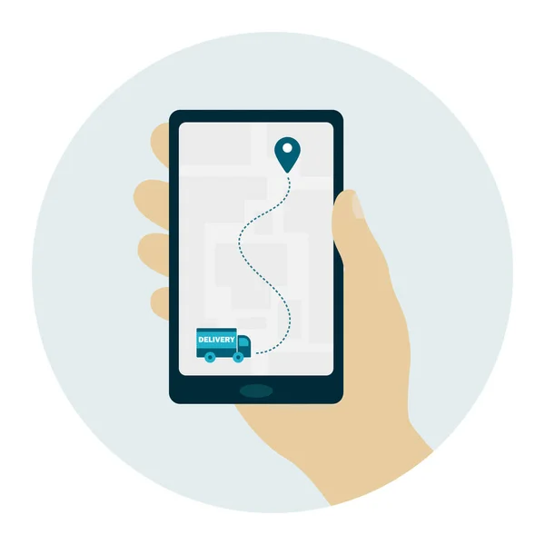 Paketlerin teslimatı. Telefondaki takip cihazı. Paket takibi. Düz vektör illüstrasyonu.