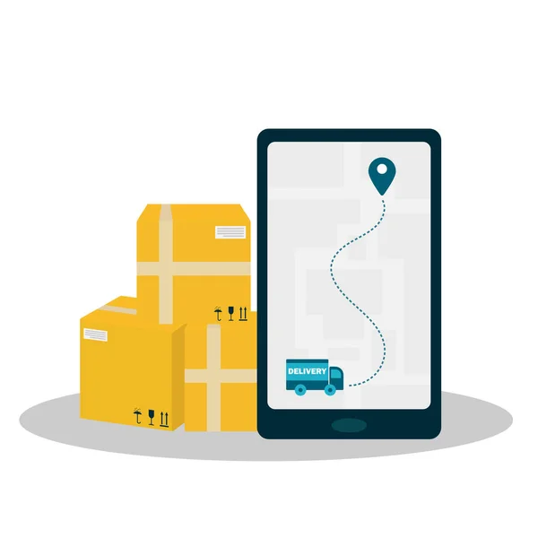  Paketlerin teslimatı. Takip cihazı telefonu teslim etti. Kutular. Paket takibi. Düz vektör illüstrasyonu.