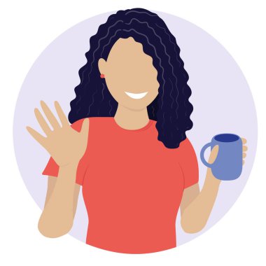  Düz vektör çizimi. Elinde kupa olan kız el sallıyor.