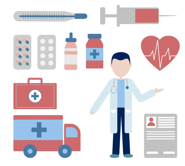  Tıbbi bir tema üzerinde düz vektör çizimleri. Doktor, haplar, ambulans, şırınga, termometre, kalp atışı, ilaç.