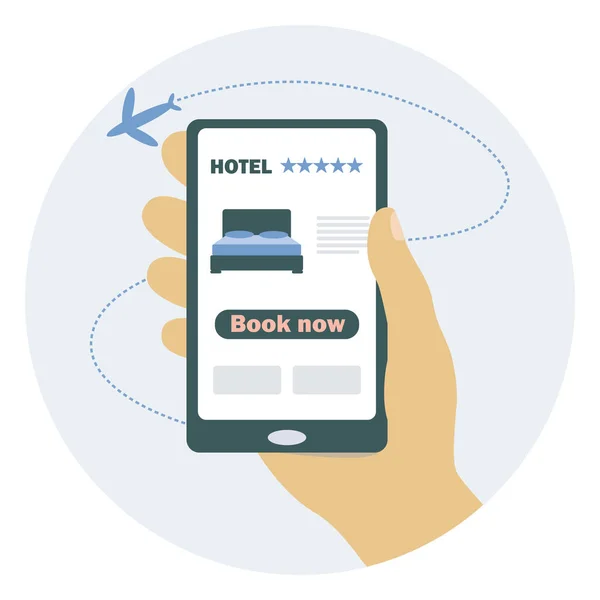  Otel rezervasyonu temasında düz vektör çizimi. Akıllı telefon kullanarak bir otel odası ayırt. Online rezervasyon, seyahat.