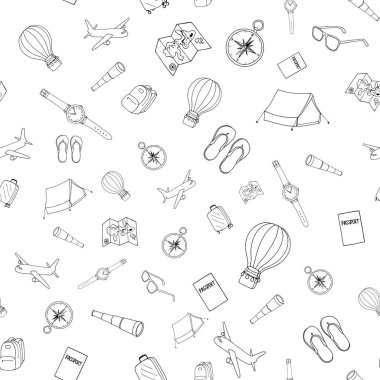 Beyaz arka planda ana hatlı seyahat öğeleriyle el çizimi kusursuz desen. Kumaş, ambalaj kağıdı, yapıştırma kitabı, duvar kağıdı, pankart, arkaplan ve diğer tasarım için kullanılabilir.
