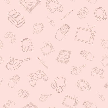 Pembe arka planda el çizimi eğlenceli ev aktiviteleri içeren kusursuz desenler. El çizimi stili. Ev konseptinde kal.