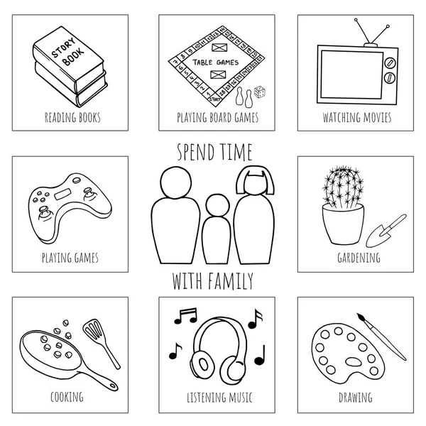 社会隔离空闲时间概念图集 家庭娱乐观念和家庭护理活动 棋盘游戏 看电视 玩游戏 听音乐 — 图库照片