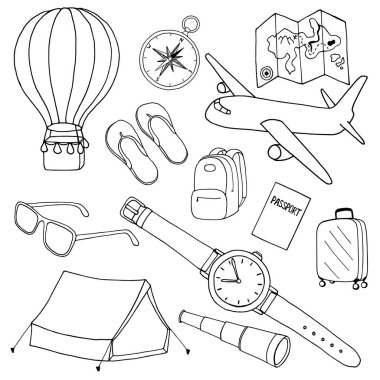 Beyaz arkaplanda el çizimi seyahat ögeleri.