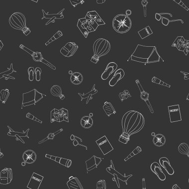 Koyu gri arka planda ana hatlı seyahat öğeleriyle el çizimi, pürüzsüz desen. Kumaş, ambalaj kağıdı, yapıştırma kitabı, duvar kağıdı, pankart, arkaplan ve diğer tasarım için kullanılabilir.