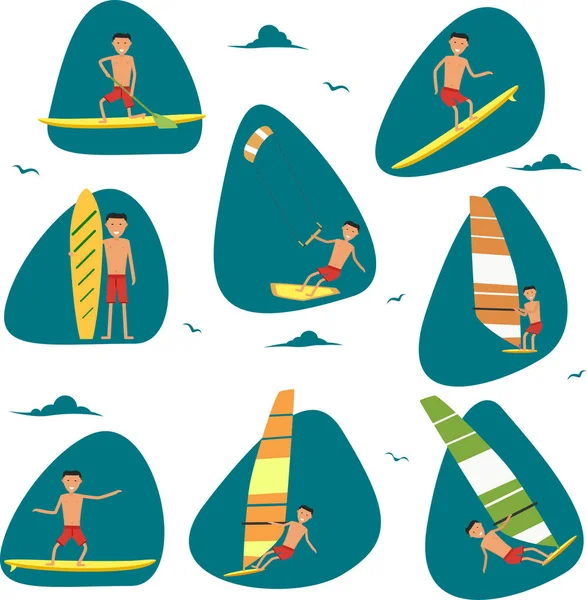 Мужской сёрфер, катающийся на волнах в море — стоковый вектор