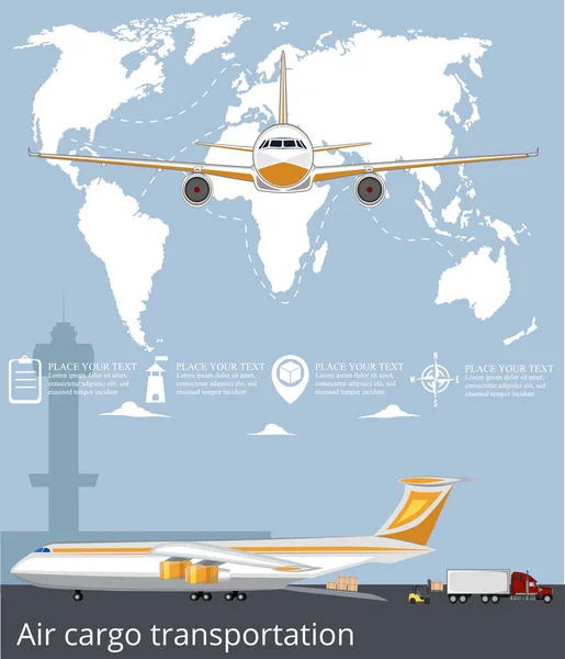 Poster penerbangan diatur dengan pesawat terbang di bandara - Stok Vektor