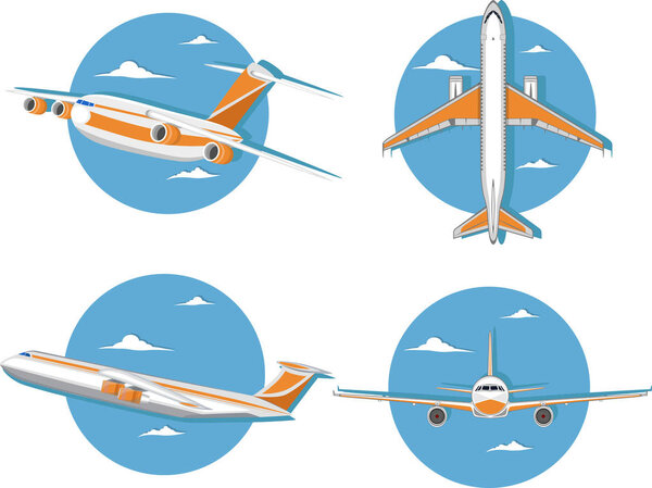 Aviation icon set with jet airplane in sky