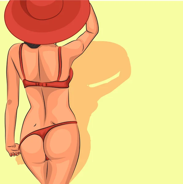 性感泳装和太阳戴着帽子的小女孩 — 图库矢量图片