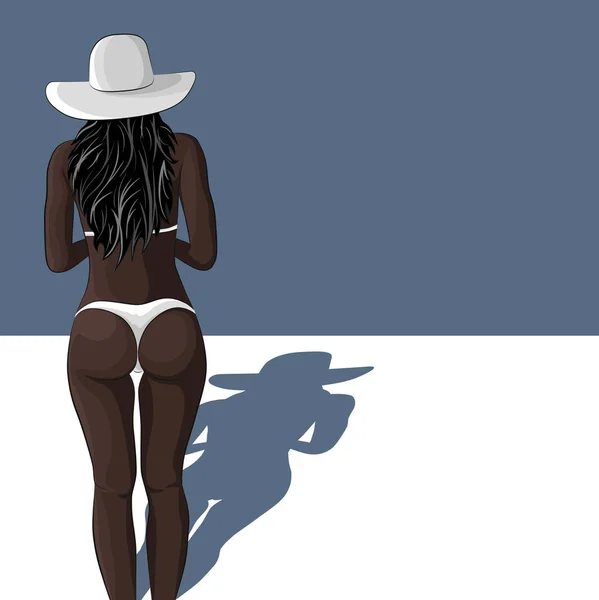 Sexy chica africana joven en traje de baño y sombrero de sol — Vector de stock
