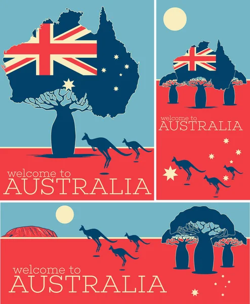 オーストラリア ビンテージ ポスター セットへようこそ — ストックベクタ
