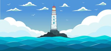 Mavi deniz dalgaları ve deniz feneri ile.