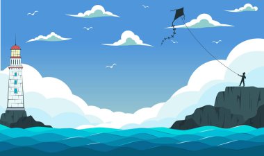 Mavi deniz dalgaları ve deniz feneri ile.