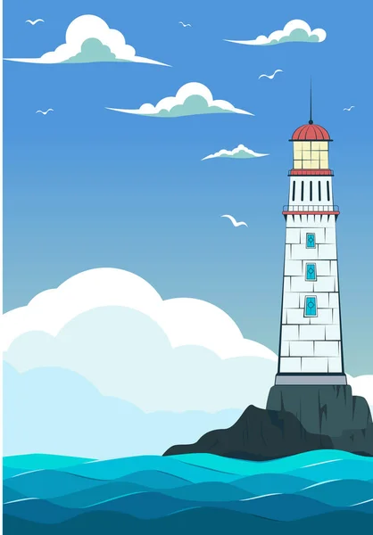 波と灯台と青い海. — ストックベクタ
