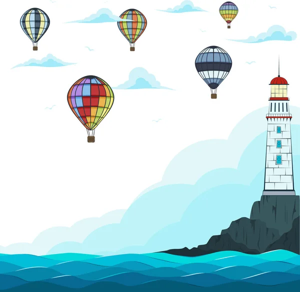 熱気球と灯台と青い海. — ストックベクタ