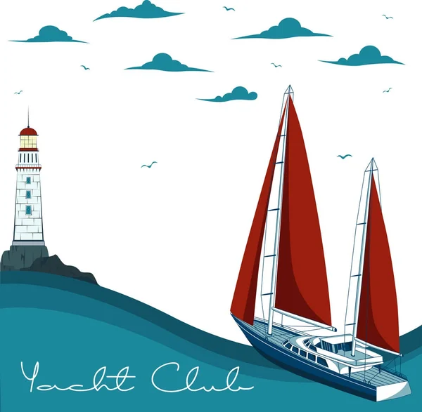 Blue sea with yacht and lighthouse. — Stock Vector